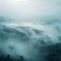 Fog over spruce forest trees in the early morning. Spruce trees silhouette on mountain hill forest in summer foggy scenery. Fog over the mountains Kanas morning fog. Generative AI photo