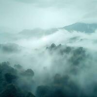 Fog over spruce forest trees in the early morning. Spruce trees silhouette on mountain hill forest in summer foggy scenery. Fog over the mountains Kanas morning fog. Generative AI photo