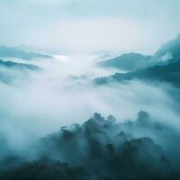 Fog over spruce forest trees in the early morning. Spruce trees silhouette on mountain hill forest in summer foggy scenery. Fog over the mountains Kanas morning fog. Generative AI photo
