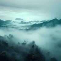 Fog over spruce forest trees in the early morning. Spruce trees silhouette on mountain hill forest in summer foggy scenery. Fog over the mountains Kanas morning fog. Generative AI photo