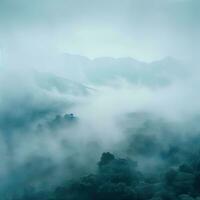 Fog over spruce forest trees in the early morning. Spruce trees silhouette on mountain hill forest in summer foggy scenery. Fog over the mountains Kanas morning fog. Generative AI photo