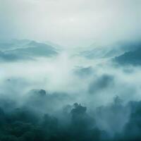 Fog over spruce forest trees in the early morning. Spruce trees silhouette on mountain hill forest in summer foggy scenery. Fog over the mountains Kanas morning fog. Generative AI photo