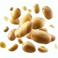 Falling fresh potatoes isolated on transparent or white background. Generative AI photo