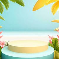 3d pink flamingo render for summer, background product display podium scene with green leaf geometric platform. holiday background vector 3d render with podium. stand to show cosmetic .Generative AI photo
