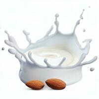 Almond nuts falling into almond splash isolated on a white background. Clipping path. Almond, dropping, into milk Pouring almond milk with splashing and almond nuts isolated. Generative AI photo