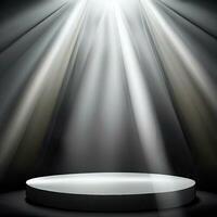 Stage, empty round podium illuminated by white beams spotlights, projectors, vector realistic isolated on black background. Transparent light effect design element for theater, studio. Generative AI photo