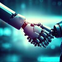 a robot shaking hands with one that says quot handshake quote Generative AI photo