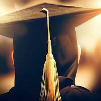 closeup, black graduated hat and golden yellow tassels and blurred background. Generative AI photo