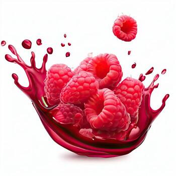 Delicious ripe berries falling in juice with splashes on a white background isolated on a white background, 3D rendering. Generative AI photo