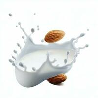 Almond nuts falling into almond splash isolated on a white background. Clipping path. Almond, dropping, into milk Pouring almond milk with splashing and almond nuts isolated. Generative AI photo