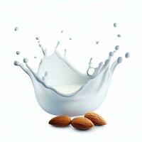 Almond milk splashed with almond nuts falling isolated on a white background. Generative AI photo