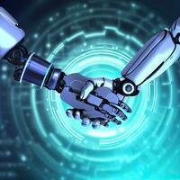 a robot shaking hands with one that says quot handshake quote Generative AI photo