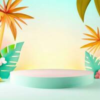 3d pink flamingo render for summer, background product display podium scene with green leaf geometric platform. holiday background vector 3d render with podium. stand to show cosmetic .Generative AI photo