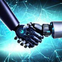 a robot shaking hands with one that says quot handshake quote Generative AI photo