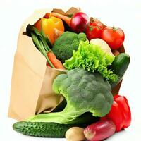 Paper shopping bag with various grocery items on white background, isolated. Bag of food with fresh vegetables, fruits, pasta and canned goods. Food delivery, shopping or donation Generative AI photo