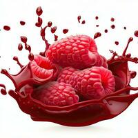 Delicious ripe berries falling in juice with splashes on a white background isolated on a white background, 3D rendering. Generative AI photo