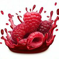 Delicious ripe berries falling in juice with splashes on a white background isolated on a white background, 3D rendering. Generative AI photo