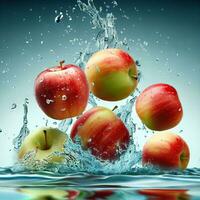 apples are splashing in a bowl of water with the word quot water on them Generative AI photo