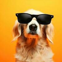 Funny dog with a yellow background and black glasses Generative AI photo