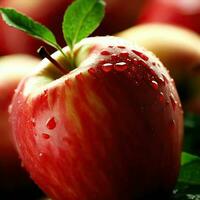 un de cerca de un rojo manzana con agua gotas en eso generativo ai foto