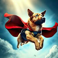 Dog dressed in superhero costume sitting above a layer of clouds in the sky. Generative AI photo