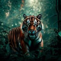 a tiger in the jungle with the words tiger in the corner a tiger in the jungle Generative AI photo