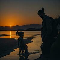 un hombre y un niño son en pie en un playa a puesta de sol generativo ai foto