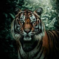 un Tigre en el selva con el palabras Tigre en el esquina un Tigre en el selva generativo ai foto