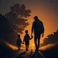 a man and a child walk down a path with the sun behind them Generative AI photo