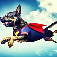 Dog dressed in superhero costume sitting above a layer of clouds in the sky.Generative AI photo