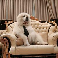 a dog is sitting on a couch with a tie on it Generative AI photo