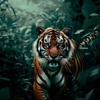 un Tigre en el selva con el palabras Tigre en el esquina un Tigre en el selva generativo ai foto