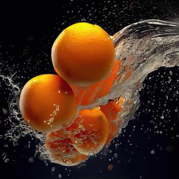 Close-up of two fresh oranges dropped in water with splashes isolated on a black background. Generative AI photo