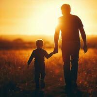 a man and a child walk down a path with the sun behind them Generative AI photo