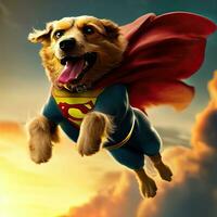 Super Dog,  Dog dressed in superhero costume sitting above a layer of clouds in the sky. Generative AI photo