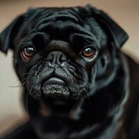 a black pug dog with a black nose and brown eyes It Generative AI photo