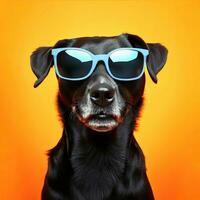 Isolated funny and cute young black labrador wearing yellow sunglasses on a yellow background Generative AI photo