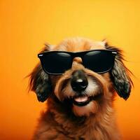 Funny dog with a yellow background and black glasses Generative AI photo