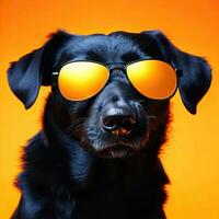 Isolated funny and cute young black labrador wearing yellow sunglasses on a yellow background Generative AI photo