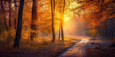 Tourists trekking amazing autumn forest in the morning sunlight. Red and yellow leaves on trees in the forest golden forest landscape photo