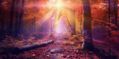 Tourists trekking amazing autumn forest in the morning sunlight. Red and yellow leaves on trees in the forest golden forest landscape photo