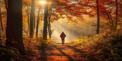 Tourists trekking amazing autumn forest in the morning sunlight. Red and yellow leaves on trees in the forest golden forest landscape photo