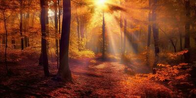 Tourists trekking amazing autumn forest in the morning sunlight. Red and yellow leaves on trees in the forest golden forest landscape photo