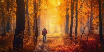 Tourists trekking amazing autumn forest in the morning sunlight. Red and yellow leaves on trees in the forest golden forest landscape photo
