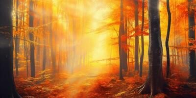 Tourists trekking amazing autumn forest in the morning sunlight. Red and yellow leaves on trees in the forest golden forest landscape photo