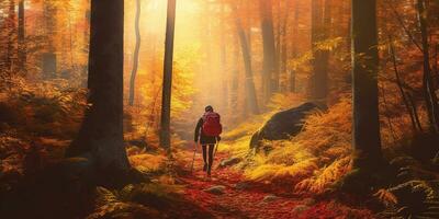 Tourists trekking amazing autumn forest in the morning sunlight. Red and yellow leaves on trees in the forest golden forest landscape photo
