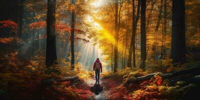 Tourists trekking amazing autumn forest in the morning sunlight. Red and yellow leaves on trees in the forest golden forest landscape photo