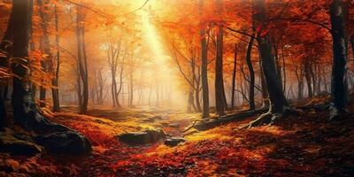 Tourists trekking amazing autumn forest in the morning sunlight. Red and yellow leaves on trees in the forest golden forest landscape photo