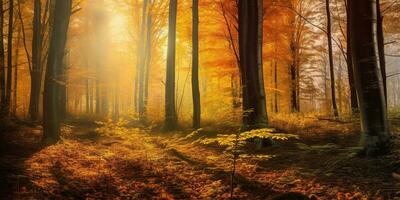 Tourists trekking amazing autumn forest in the morning sunlight. Red and yellow leaves on trees in the forest golden forest landscape photo