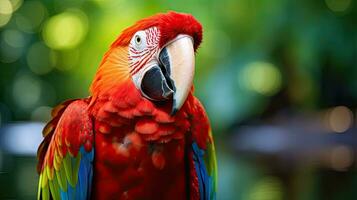 Red parrot in the forest. Lam Than river. Macaw parrot flying in dark green plants, red parrot in the forest. photo